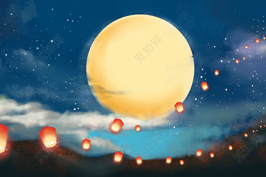 手绘唯美中国风中秋节月圆之夜素材免费下载 觅知网