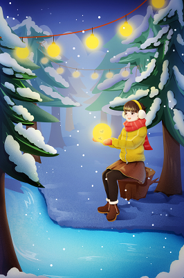 手绘冬季小雪女孩湖边赏雪插画背景海报素材