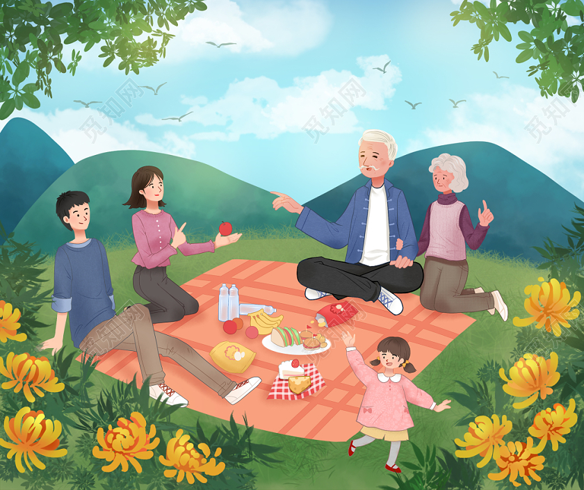 卡通手绘国际家庭日重阳节家人公园野餐原创设计素材免费下载 觅知网