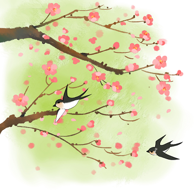 水彩风手绘春天春分的桃花花枝和风筝插画素材