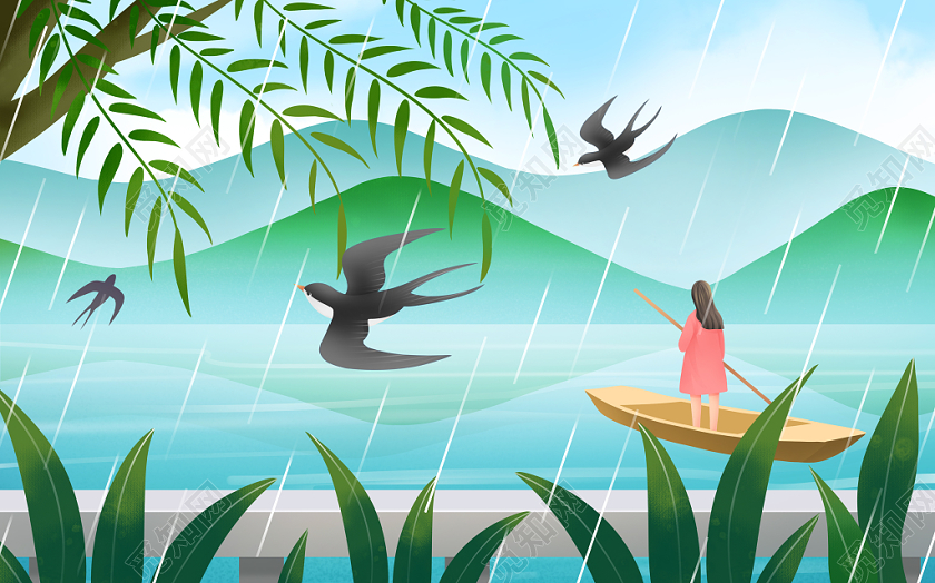 卡通春雨和燕子春天原创插画素材免费下载 觅知网
