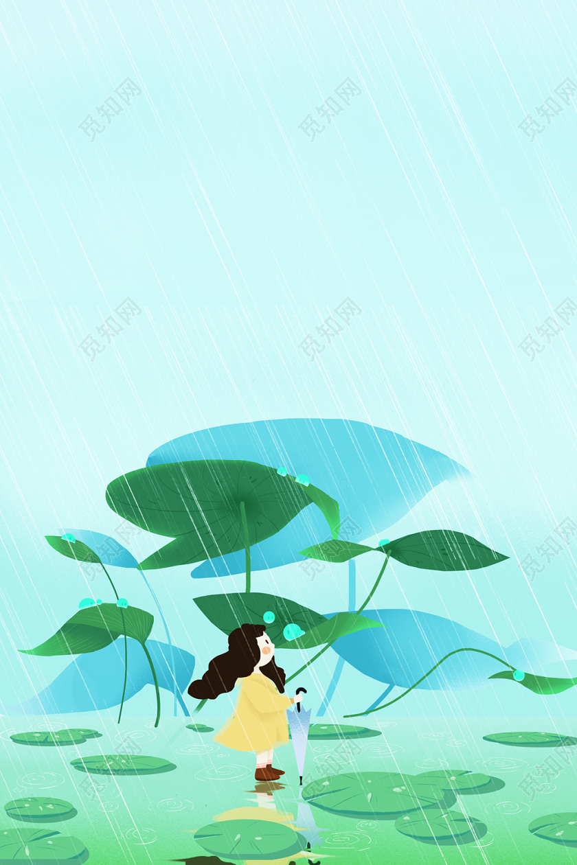 绿色传统小清新插画二十四节气谷雨荷塘景色背景素材免费下载 觅知网