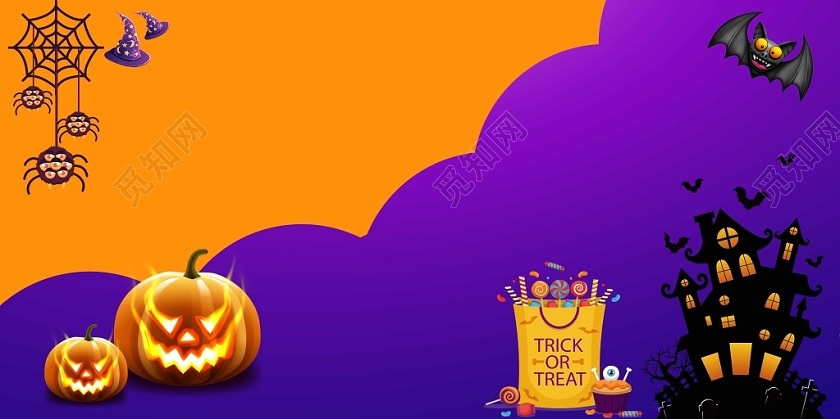 黄色紫色蜘蛛网南瓜古堡糖果蝙蝠万圣节1月1日背景免费下载 觅知网