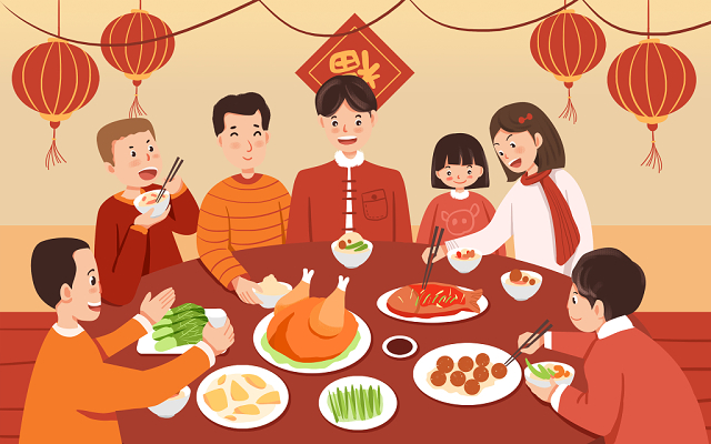 全家福除夕一家人开心团圆吃饭除夕春节聚会新年一家人