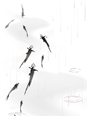 黑色手绘水墨风金鱼下雨雨天雨水节气元素png素材免费下载 觅知网