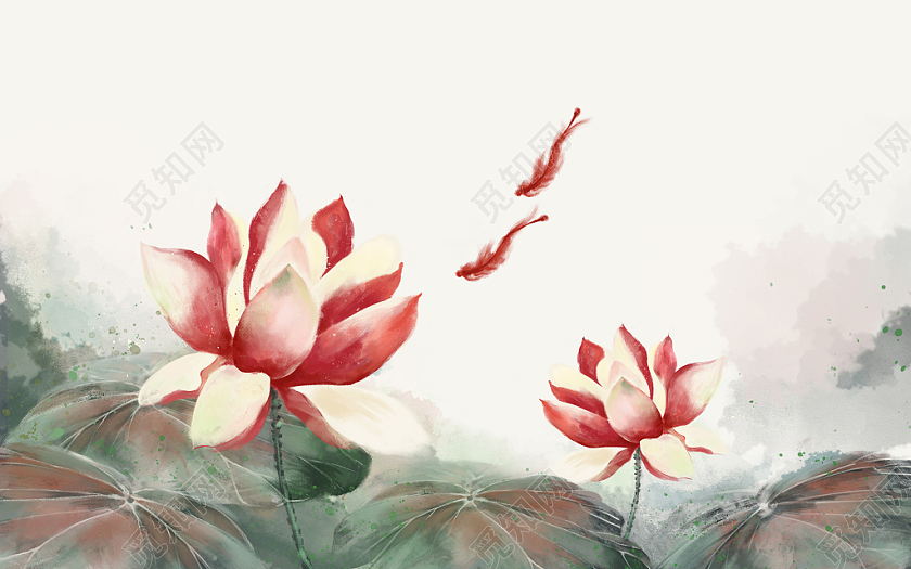 古风唯美中国风荷花荷叶植物水彩水墨原创中国风植物插画素材免费下载 觅知网