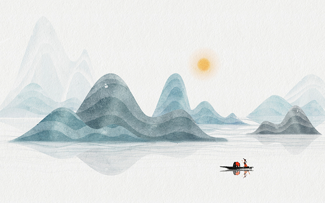 山水 国画  中国风 创意山水  远山 船 风景新中式山水
