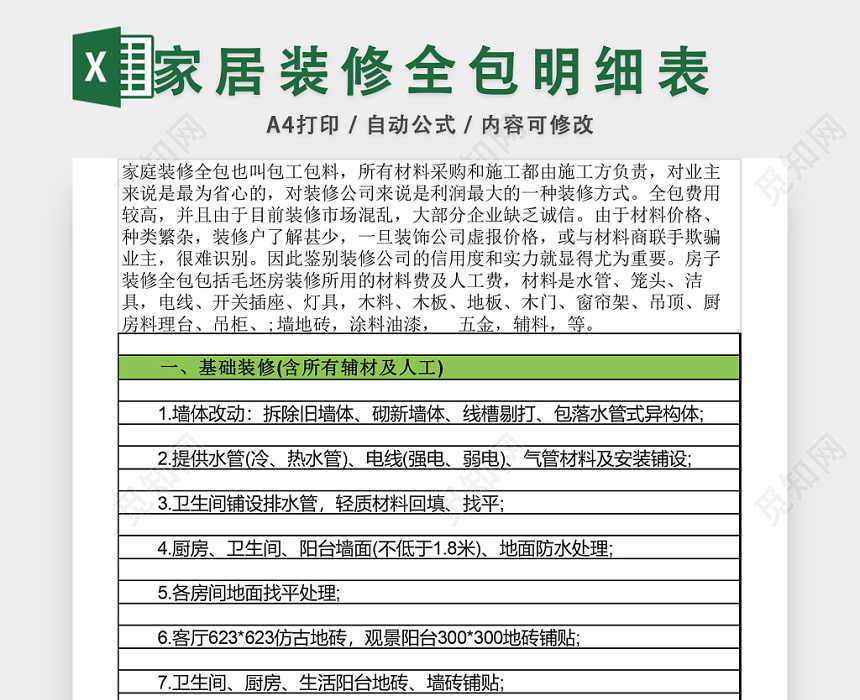 家居装修全包明细excel模板下载 觅知网