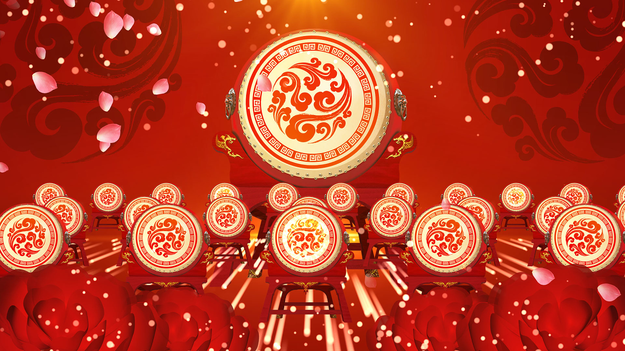 红金喜庆晚会中国鼓节目动态视频ae模板新年舞台背景